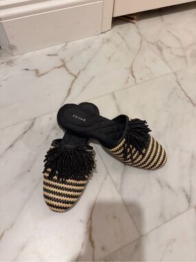 Birdies Black and Natural Striped Fringe Mules
